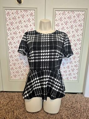 New Shein Black & White Plaid Peplum Top Women's Short Sleeve Size L
